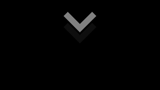 Minimalist animated downward chevron arrows loop for user interface web navigation, and digital scrolling indicators featuring smooth motion on a clean solid black background