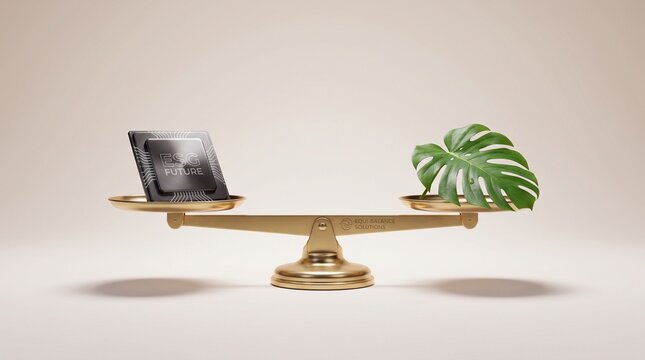 Balanced brass beam scale weighing high tech microchip against green monstera leaf