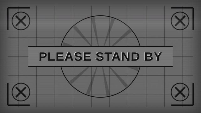 Classic Monochrome Television Test Pattern Card Displaying Centered PLEASE STAND BY Text Banner with Alignment Grid and Corner Crosshairs. Vintage Television Standby, Broadcast Interruption, and Retro