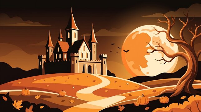 Autumnal castle scene depicts a spooky landscape with a large moon and pumpkins.AI Generative