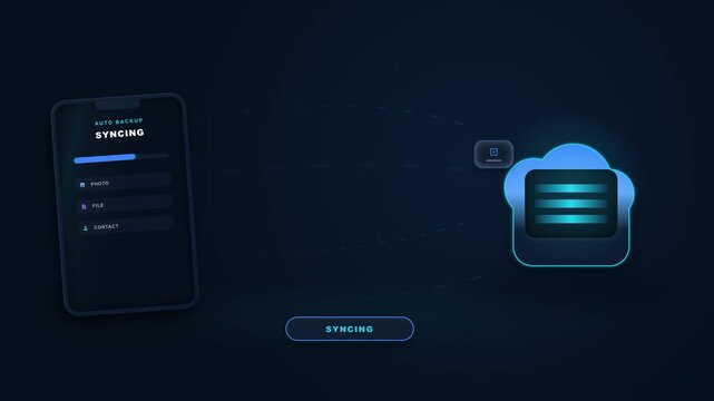 Smartphone syncing data to digital cloud storage icon in blue