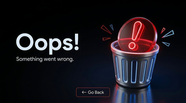 3D Illustration of a Website Error Page Concept Featuring Oops Something Went Wrong Text with a Glowing Red Exclamation Mark and Metallic Trash Can on Dark Background for UI UX Design