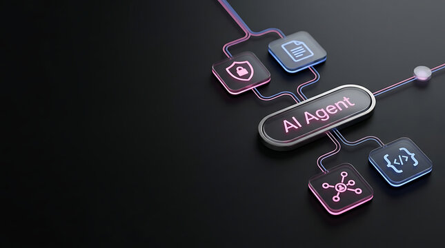 Concept of AI Agent with connected 3D glowing icons for data processing, coding, network security and automation workflow on a dark background, representing smart artificial intelligence