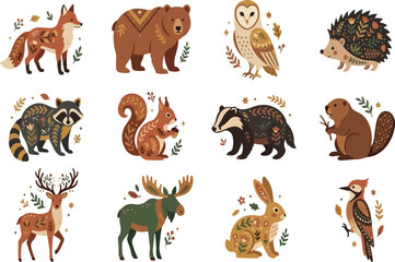 Fototapeta premium Cute Forest Animals Vector Set: Woodland Wildlife Characters Bear, Owl, Deer, and Squirrel Clipart