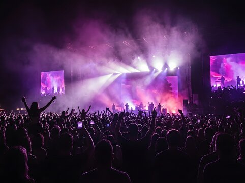Energetic Crowd Cheering Under Vibrant Purple Stage Lights During High-Energy Live Concert