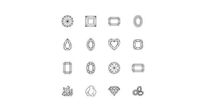 Gems and Diamonds Icon Set, Precious Jewels and Gemstones Linear Vector Collection