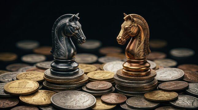 Decorative chess pieces atop stacked coins on dark background