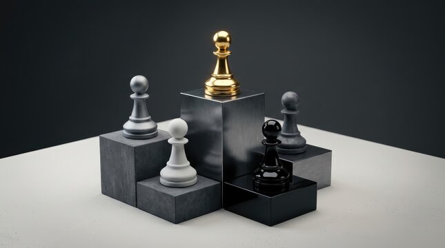 Elevated chess pieces arranged on tiered blocks