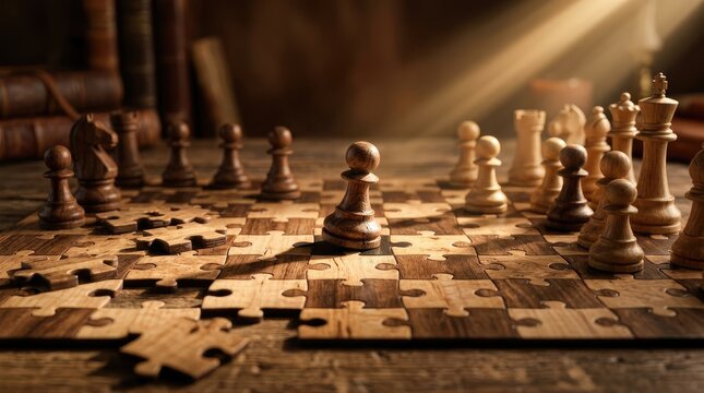 Chess pieces arranged on wooden puzzle board with scattered pieces