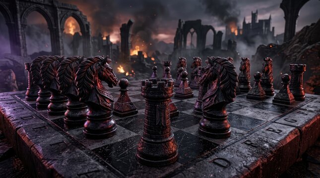 Dark fantasy chess game set in ruined ancient fortress ruins