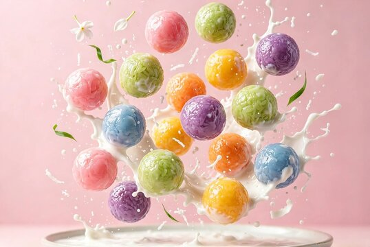 Colorful Thai bua loi rice balls floating in coconut milk splash