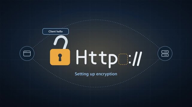 Data encryption process showing the transition from insecure http to secure https connection on a dark digital