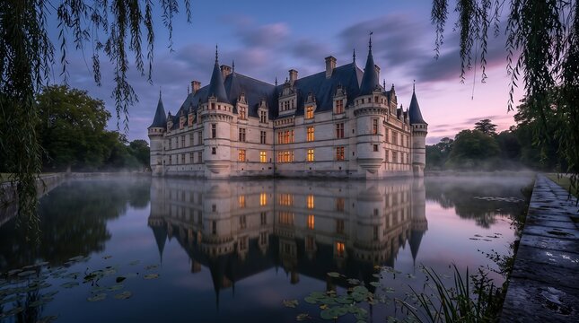 Stunning medieval castle reflecting in calm foggy moat at dusk with purple sky and willow branches in foreground for fairytale architecture and travel photography