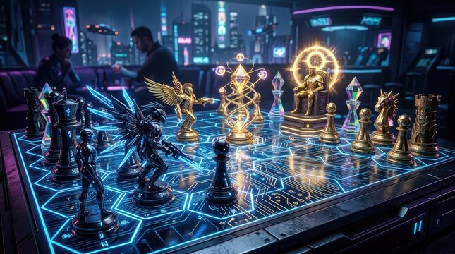 Futuristic chess game with glowing digital pieces