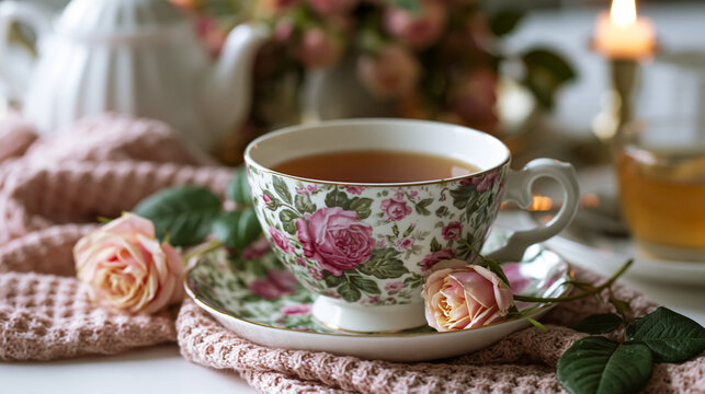 Floral teacup with hot tea on pink knitted blanket, enjoying a cozy tea time moment with fresh roses and candlelight