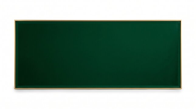 Rectangular wall mirror with deep dark green glass surface and thin gold frame on white background, plain green screen backdrop for chroma key compositing