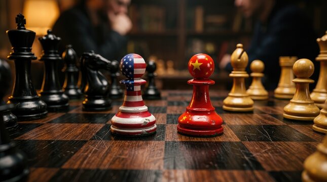 Custom chess pieces with national flags positioned on a wooden board