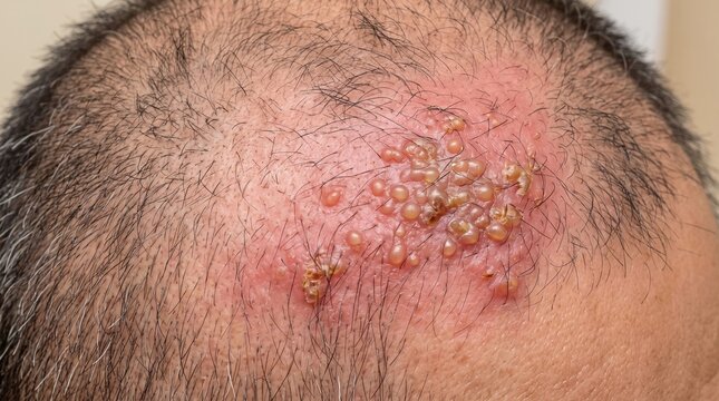 Macro view of shingles virus blisters on the scalp of a balding man