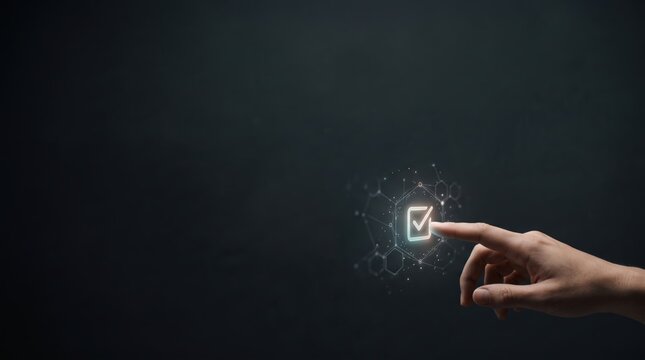 A human hand interacting with a digital checkmark icon on a dark abstract technological background