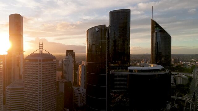Drone Orbit Around Queens Wharf Towers at Sunrise in Brisbane