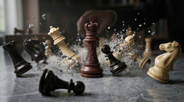 Chess pieces exploding violently on a dark surface