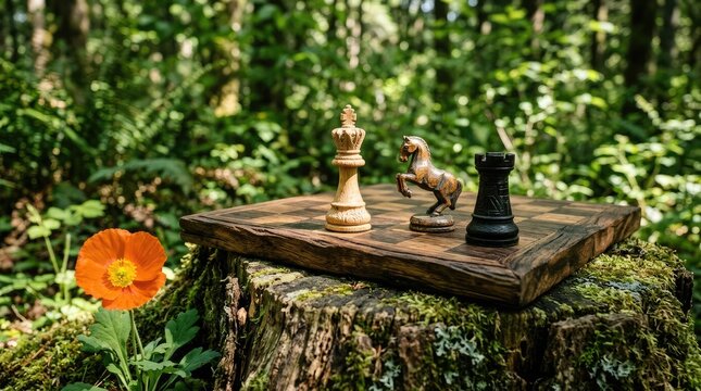 Chess pieces arranged on wooden board in outdoor garden setting