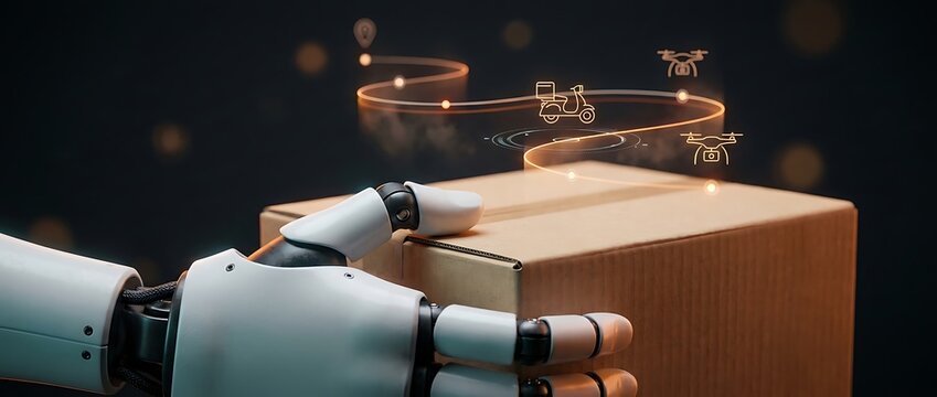 Advanced robotic hand holding cardboard delivery box with futuristic digital logistics icons and automated transport symbols floating in air representing smart supply chain delivery innovation