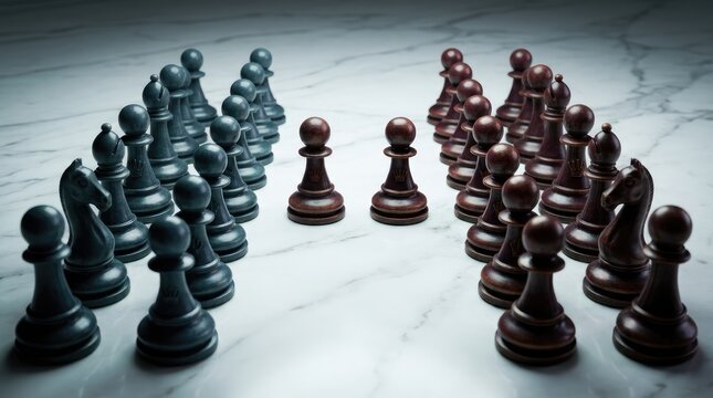 Chess pieces arranged in opposing lines on marble surface
