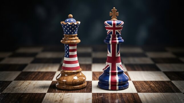 Decorative chess pieces with national flags on a wooden board