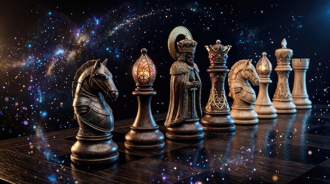 Fantasy chess pieces set against cosmic space background
