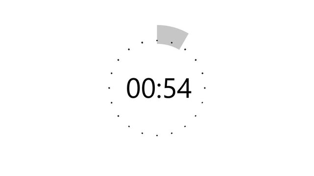 1 minute digital countdown timer animation, circular progress clock graphic, isolated video overlay element