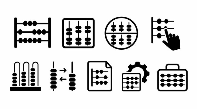 Black abacus calculation and counting math icon collection.