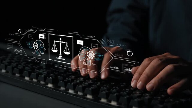 Hands Typing on Keyboard with Digital Justice Icons Representing Technology, Law, and Artificial Intelligence in Modern Legal Practice. Entropy.
