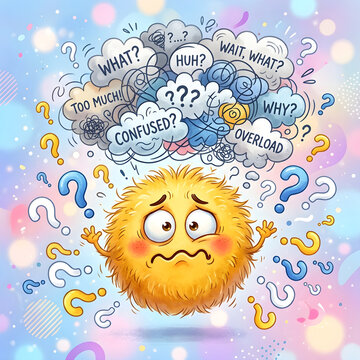 Confused cartoon monster surrounded by question marks, information overload illustration, stressed mental state concept