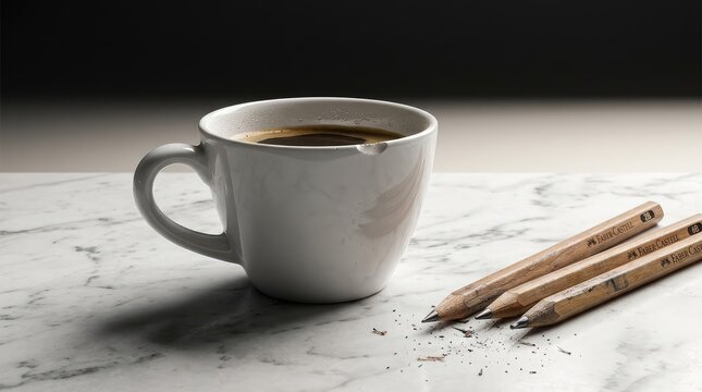 White mug with hot drink beside writing pencils on marble surface