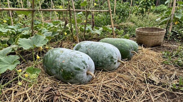 Winter melon fruits placed on rice straw inside vegetable garden