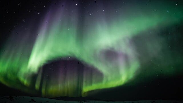 Green and violet aurora borealis light ribbons waving in the night sky