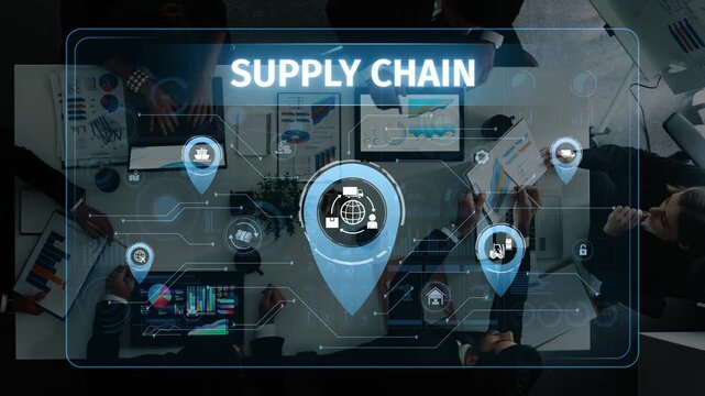 A modern supply chain management scene featuring professionals collaborating with technology and data analytics in a conference setting, showcasing business strategy. Raster