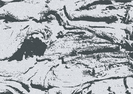 High contrast natural rock surface texture with layered stone formations, rough geological patterns, dark shadows and fine stippled details in monochrome graphic style for architectural and landscape 