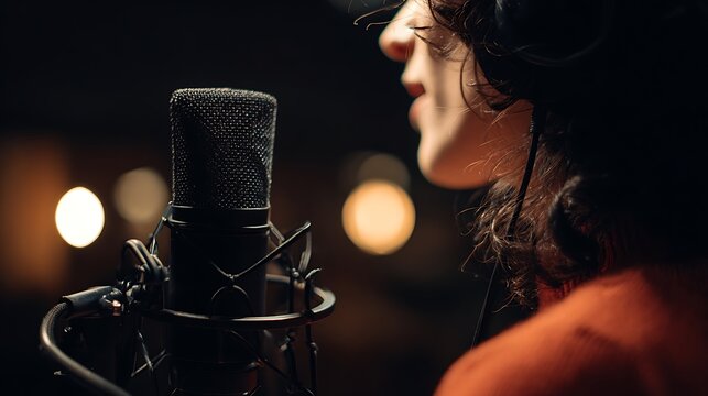 Young woman with headphones recording song in a professional studio