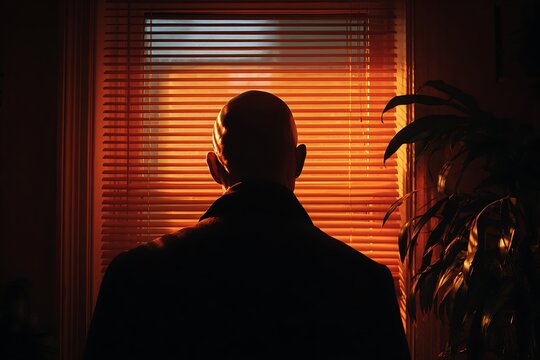 silhouette of a bald man looking through window blinds at sunset