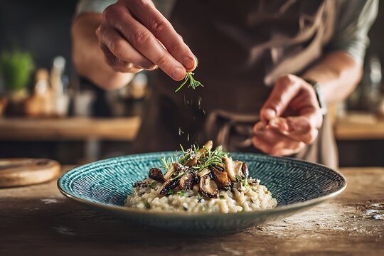 professional chef garnishing mushroom risotto with fresh rosemary