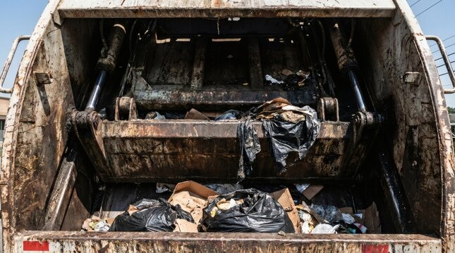 Rear view of a dirty garbage truck loaded with refuse, black trash bags, and cardboard, featuring the hydraulic compaction mechanism.