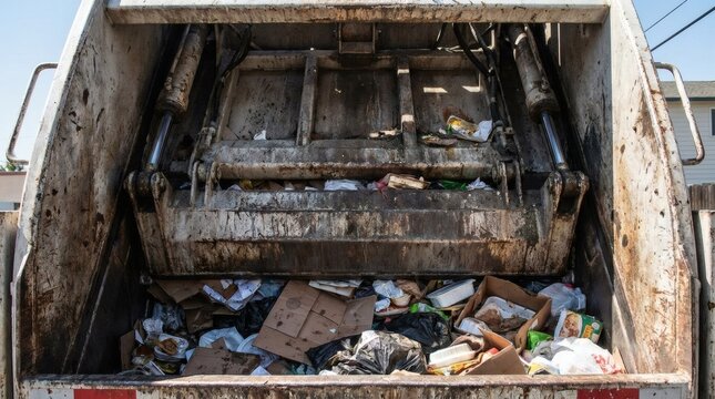 Inside a dirty garbage truck compactor full of mixed household trash and refuse, featuring industrial hydraulic machinery used for waste collection and disposal.