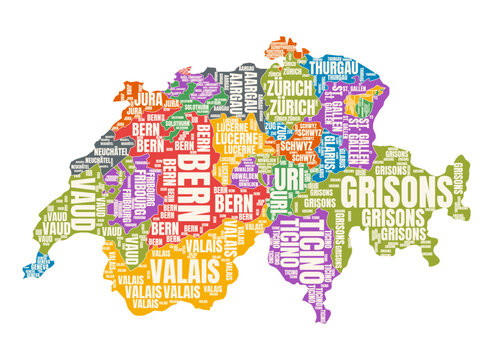 Switzerland word cloud map poster, colorful typography canton names geographic illustration