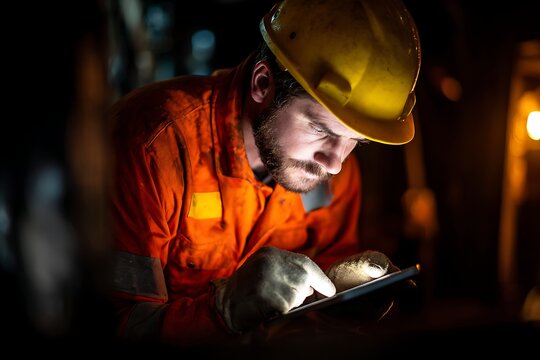 industrial worker in safety gear using a digital tablet underground