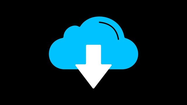 Blue cloud download arrow animation, cloud computing storage icon graphic, isolated video overlay element   
