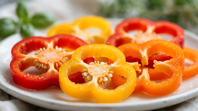 Close-up of sliced bell peppers showcasing their bright colors and textures, placed on a white ceramic plate, soft focus background emphasizing freshness and vitality