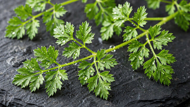 Delicate Parsley Sprigs with Water Droplets on a Dark Slate Background, Capturing Their Freshness and Intricate Details to Showcase Culinary Versatility and Beauty