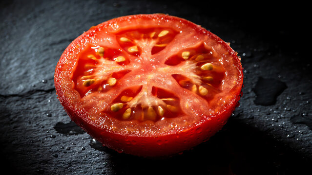 A close-up of a single sliced tomato revealing its juicy interior, placed on a dark slate background, with droplets of water for freshness, dramatic lighting casting shadows